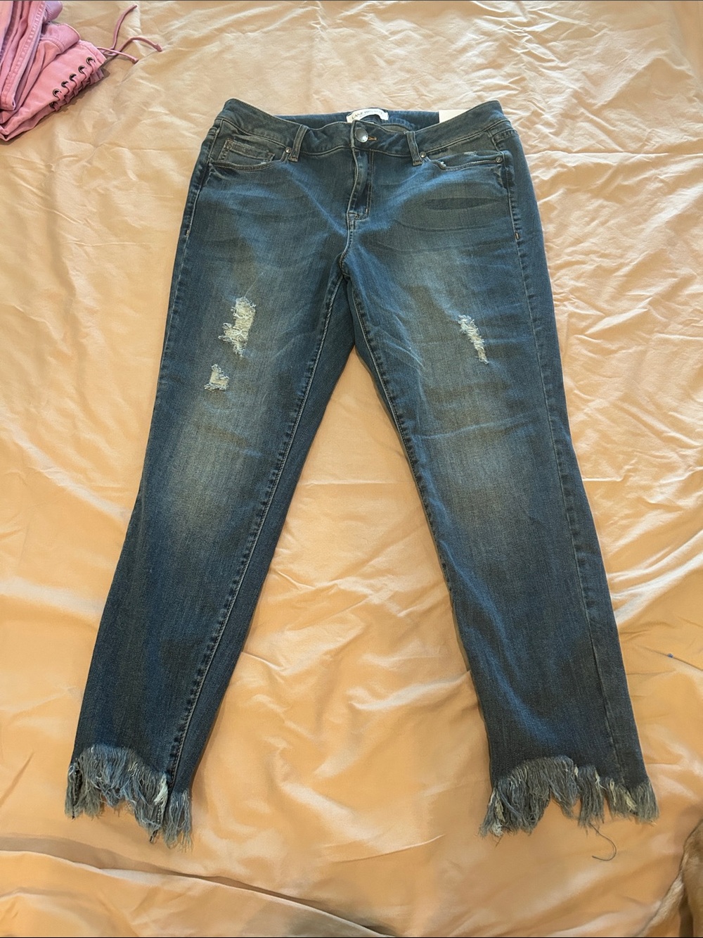 Lane Bryant Dark Blue Distressed Skinny Jeans with Frayed Hem